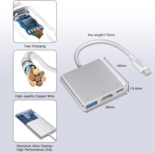 VVG USB C to 4K HD.MI Adapter for MacBook Pro/Air, 3 in 1 USB-C Digital AV Multiport Adapter with 4K 30Hz, 100W Charging, USB 3.0 5Gbps Data Port Compatible with Mac M1 M2 Laptop iPad Pro/Switch – Bild 7