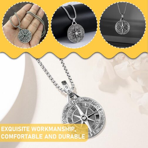 MIRKUZI Men's Necklace with Pendant Men's Chain Compass Pendant Birthday Gift for Men Boys (Silver) – Bild 3