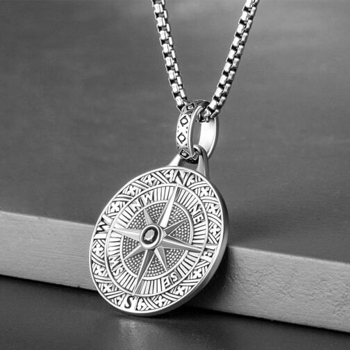 MIRKUZI Men's Necklace with Pendant Men's Chain Compass Pendant Birthday Gift for Men Boys (Silver) – Bild 2