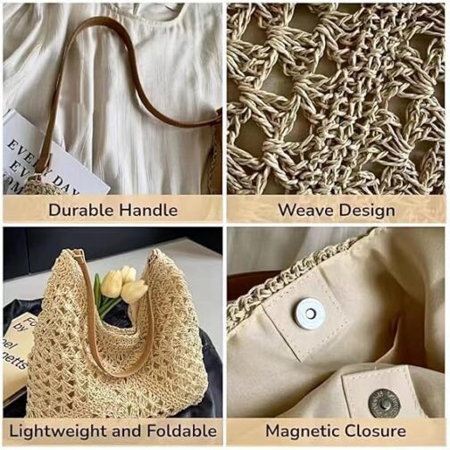 KERLYING Straw Bags Women's Summer Hollowed Beach Shoulder Bag, 2025 Leisure Shoulder Handbag by the Sea, Large Woven – Bild 4