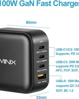MINIX NEO P3 100W USB C Charger 4-Port GaN Wall Charger, 3 x USB-C Port Fast Charging Adapter (Max 100W/20W), 1 USB-A (Max 18W). Compatible with MacBook Pro Air, iPad Pro, iPhone 13, 12, Galaxy S9
