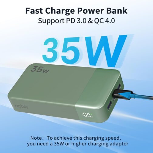 Nobis Power Bank, 20000 mAh Portable Charger, 35 W USB C in & Out Quick Charge, 4 Ports External Battery Pack with LED Digital Display, Compatible with MacBook, Phone 15 S23 (Green) – Bild 2