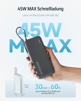 CUKTECH 20000 mAh Power Bank, 45 W Power Bank with Integrated USB-C Cable, External Mobile Phone Batteries with Quick Charge Function, External Battery with Digital Display for iPhone 16/15 Pro Max,