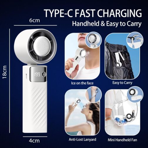 CATGIFF Handheld Fan, Mini Fan Battery Rechargeable, Adjustable Speed (1-199), Digital Display, 90° Adjustable Fan, Small, Quiet Turbo for Travel, Camping, Travel, Outdoor, White – Bild 6