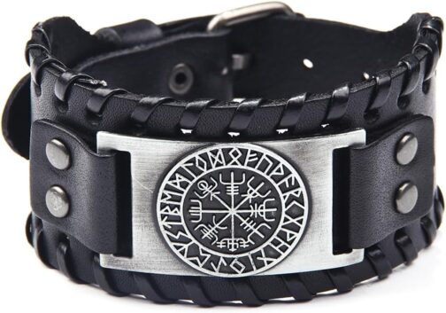 MAGIIE Herren Lederarmband Gotik Punk Rock Lederband,Kompass/Totem der Wikinger/Wolf/Baum des Lebens,Echtlederarmband Herren