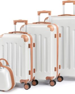 LALAHO 4-Piece Suitcase Set, Travel Suitcase Set with Cosmetic Case, Hard Shell Suitcase Set Made of ABS, Luggage Set with Vanity Case, Hand Luggage and 4 Corner Protectors, beige / brown