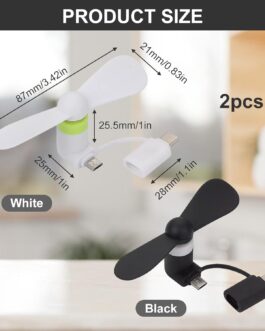 KARELLS Mini Mobile Phone Fan, Mini Mobile Phone Fan, 2 Pieces Portable USB Fan, Portable Cooler Rotating Fan, USB Fan Small Quiet, 2-in-1 Fan, for Android Phones/Type-C Phones
