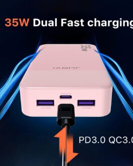JUOVI J2651 Power Bank, 35 W 20000 mAh USB C In & Out Power Bank, Battery Pack with QC3.0 + PD3.0 35 W High-Speed Charging for Bluetooth Earbud, Mobile Phone, Tablet (Pink)