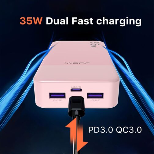 JUOVI J2651 Power Bank, 35 W 20000 mAh USB C In & Out Power Bank, Battery Pack with QC3.0 + PD3.0 35 W High-Speed Charging for Bluetooth Earbud, Mobile Phone, Tablet (Pink) – Bild 2