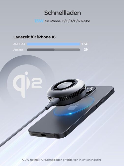 AMEGAT Wireless Charger Qi2, Wireless Charger Compatible with MagSafe, 15W Charger with Cooler, Inductive Charger for iPhone 16/15/14/13/12 – Bild 3