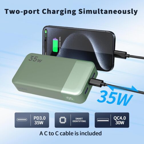 Nobis Power Bank, 20000 mAh Portable Charger, 35 W USB C in & Out Quick Charge, 4 Ports External Battery Pack with LED Digital Display, Compatible with MacBook, Phone 15 S23 (Green) – Bild 3
