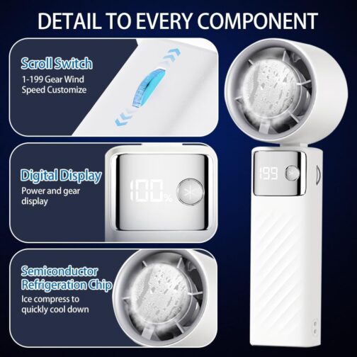 CATGIFF Handheld Fan, Mini Fan Battery Rechargeable, Adjustable Speed (1-199), Digital Display, 90° Adjustable Fan, Small, Quiet Turbo for Travel, Camping, Travel, Outdoor, White – Bild 4