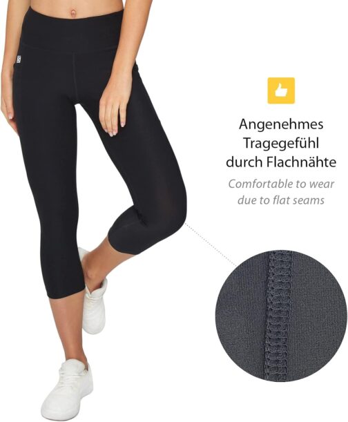 VS Capri Sports Leggings with Mobile Phone Pocket - 3 Side Pockets 3/4 Leggings for Mobile Phone, Keys, Running Trousers, Fitness Sports Tights, Black Pattern, Yoga Trousers, Sports Trousers, Jogging, – Bild 5