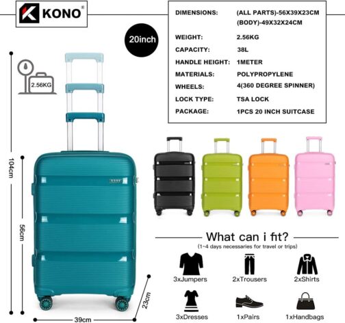 Kono TSA Hard Shell Suitcase Trolley Suitcase Polypropylene Luggage 8 Wheels, turquoise – Bild 3