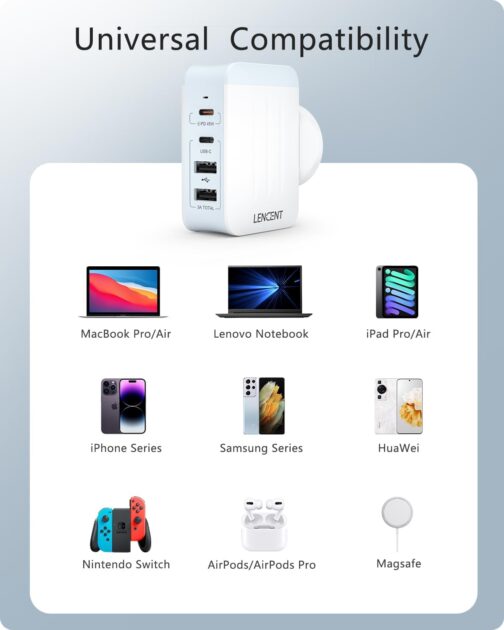 LENCENT Universal Travel Adapter, 45W Multiple USB Charger, International Adapter with 2 PD Type C + 2 USB Ports, Worldwide Travel Plug for Type A/C/G/I (USA/UK/EU/AUS) Sockets, White – Bild 6
