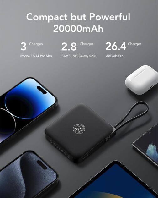 VRURC Power Bank 20000 mAh with Cable Small USB C Power Bank Fast Charging Mini Portable Charger External Battery Small and Lightweight with 4 Outputs 3 Input LED Display for iPhone Huawei Samsung etc – Bild 6