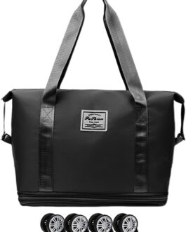 Travel Bag with Wheels, Large, Foldable Travel Bag with Large Capacity, Waterproof Expandable Sports Bag, Hand Luggage Bag with Trolley Sleeves, for Weekender, Sports, Gym, Holiday Travel Bag, black,