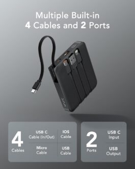 VRURC Power Bank with Cable 10000 mAh Small USB C Power Bank Fast Charging 22.5 W Mini Portable Charger External Battery Small but Strong Battery Pack LED Indicator Compatible with iPhone Huawei