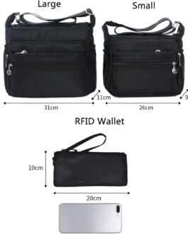 NOTAG Women’s Shoulder Bag, Waterproof Nylon Shoulder Bag, Multiple Pocket, Handbag with RFID Purse, black, Classic