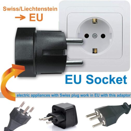 Switzerland/Liechtenstein to EU Adapter Plug, Swiss 3 Pin Male to 2 Pin DE/FR/IT/ES Socket for Switzerland/Liechtenstein Visitors (Pack of 3) Black – Bild 6