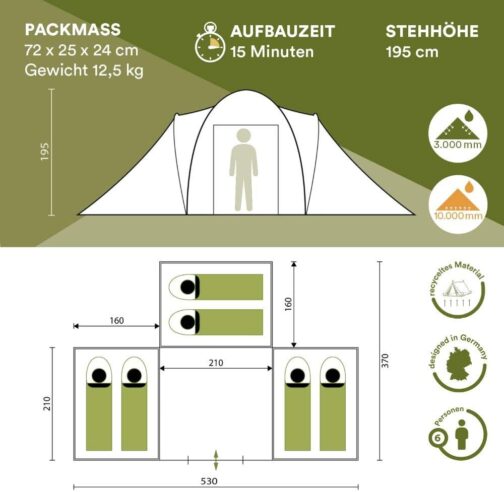 Skandika Daytona 6 Person Dome / Family Tent 3 Sleeping Cabins 3000 mm Hydrostatic Head 195 cm Standing Height – Bild 3