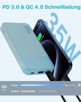 NOBIS Power Bank, Powerbank 10000 mAh, 35 W External Mobile Phone Batteries, Quick Charging, External Battery with C to C Cable, Portable Charger with Digital Display for Phone Pad, Android, etc