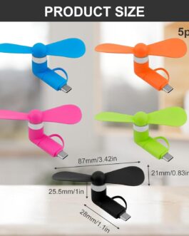 KARELLS Mini Mobile Phone Fan, 2-in-1 Fan, 5 Pieces Portable USB Fan, Portable Cooler Rotating Fan, USB Fan Small Quiet, for Type-C/Micro USB