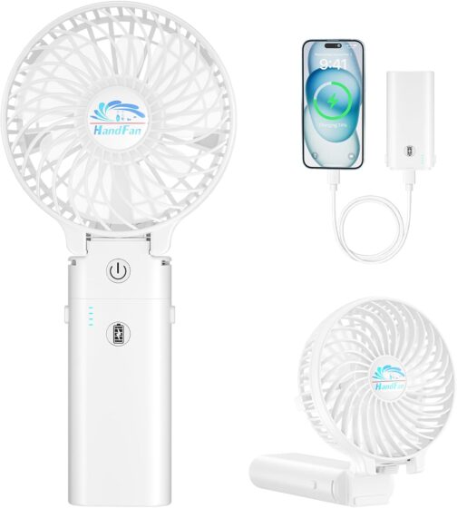 HandFan Portable Hand Fan, Folding Desktop USB Battery Fan with 5200mAh Power Bank Function, Mini Electric Personal Fan for Office/Home/Outdoor/Camping/Stroller