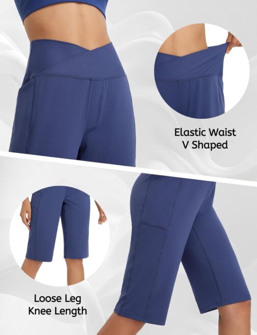 baleaf Women's Bermuda Shorts Capri Yoga Trousers with Pockets Wide Leg Straight Trousers High Waist Loose Lounge Activewear Trousers Casual Summer – Bild 4