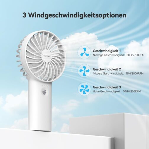 TECKNET Handheld Fan, Portable, 5200 mAh Handheld Fan, Battery Rechargeable, Mini Hand Fan with Power Bank, Small Fan with 3 Adjustable Speeds for Travel, Home, White – Bild 4