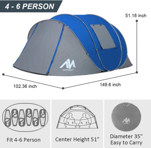 AYAMAYA Tent 4-6 Person Waterproof Pop Up Tents Family Tent [5 Windows] Giant Camping Tent Double Walled Throw Tent Shelter 6 Man Tent with Porch for Outdoor Sports Picnic Hiking Travel – Bild 3