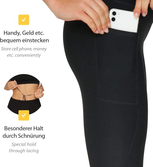 VS Capri Sports Leggings with Mobile Phone Pocket - 3 Side Pockets 3/4 Leggings for Mobile Phone, Keys, Running Trousers, Fitness Sports Tights, Black Pattern, Yoga Trousers, Sports Trousers, Jogging, – Bild 6