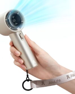 JISULIFE Portable Handheld Fan, Turbo Mini Fan, Adjustable Speed (1-100), Rechargeable 5000 mAh Battery, Metal Housing, Digital Display, for Travel, Camping, Outdoors – Brown
