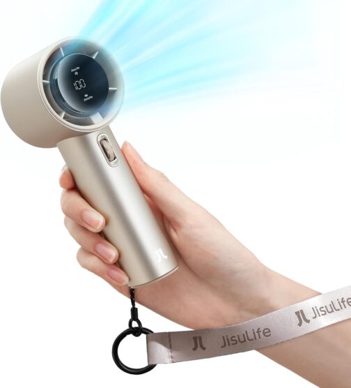 JISULIFE Portable Handheld Fan, Turbo Mini Fan, Adjustable Speed (1-100), Rechargeable 5000 mAh Battery, Metal Housing, Digital Display, for Travel, Camping, Outdoors - Brown