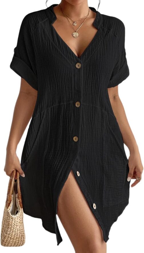 Bsubseach Cover Ups for Swimwear Women Short Sleeve Swimsuit Coverup with Pockets