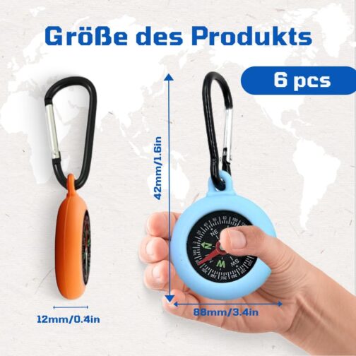 WRQIOO Pack of 6 Children's Compass, Multi-Colour Children's Mini Compass, Compass Children Outdoor, Mini Survival Compass with Portable Carabiner Hook for Outdoor Guide Children's Gifts – Bild 2