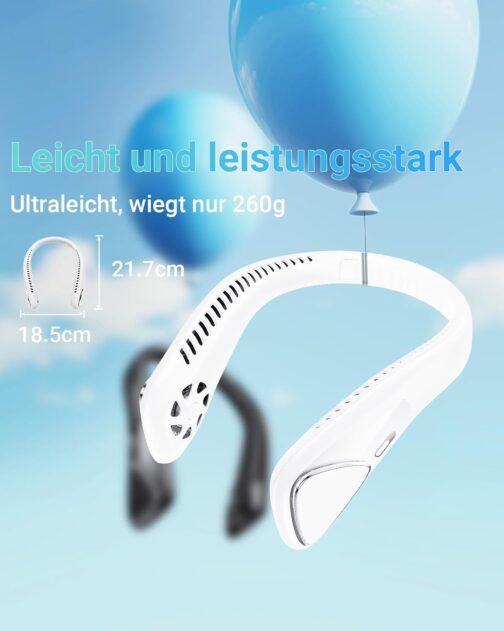 Jialexin Portable Neck Fan, Neck Fan, Rechargeable with 6000 mAh, Personal Fan with 3 Speeds, Leafless Fan for Sports, Travel, Outdoor, Indoor, Gift (White) – Bild 6