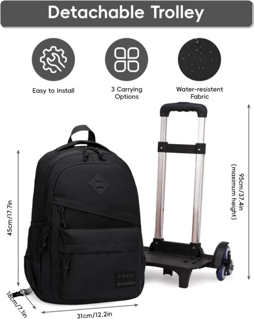 Tanou Trolley Backpack with Wheels for Boys - Unisex School Backpack Teenager with 6 Wheels Waterproof - School Bag Trolley Boys Casual Daypack for 3rd 9th Grade, 25L – Bild 3