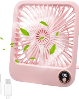 Kqpoinw USB Fan, Mini Portable Table Fan, Very Quiet, Desk Fan, 2000 mAh, Rechargeable Battery Operated Fan, 5 Speeds, for Bedroom, Office, Library, Travel (Pink)