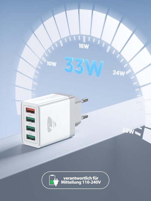 USB Charger, 4-Port 33W Fast Charger, USB Power Supply with QC 3.0 Multiple USB Plug Power Adapter for iPhone 16 15 14 13 12 11 Pro Max, Samsung, Huawei, Xiaomi, Mobile Phones Fast Charger Charging – Bild 7