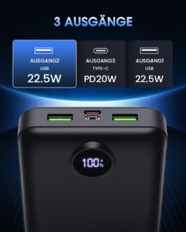 PDBEST PowerBank 50,000 mAh Large Capacity, 22.5 W Fast Charging External Battery USB-C 3 Outputs and 2 Inputs LED Display Power Bank Compatible with iPhone iPad Android etc. Black