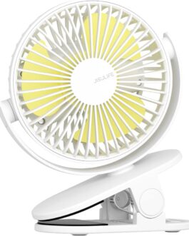 JISULIFE Mini USB Fan, Clip Battery Table Fan, Very Quiet, Small with 4000 mAh Battery, 4 Speed Levels, Max 14 Hours for Bed, Desk, Crib, Pram, Car Seat – White