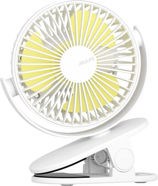 JISULIFE Mini USB Fan, Clip Battery Table Fan, Very Quiet, Small with 4000 mAh Battery, 4 Speed Levels, Max 14 Hours for Bed, Desk, Crib, Pram, Car Seat - White