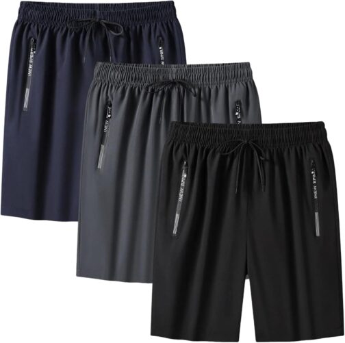Pack of 3 Men's Sports Shorts Jogging Bottoms Sports Shorts with Zip Pockets Summer Shorts Men Quick-Drying Stretch Fabric Lightweight Sports Shorts Gym Basketball Breathable Running Shorts