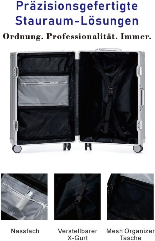 yuweijie Aluminium Frame Hand Luggage Suitcase with 4 Wheels · Hard Shells in 100% PC with Drink Holder · Travel Suitcase TSA Lock · Trolley for Business Trips, silver, M, Aluminium hard shell trolley – Bild 2