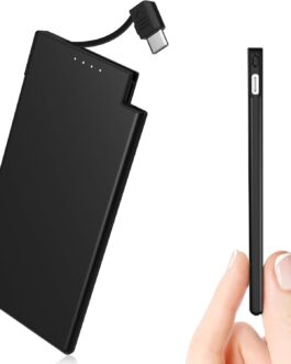 Auskang Powerbank USB C with Cable 0.68 cm Ultra Slim Portable Charger Ultra Thin and Lightweight External Battery Compatible with iPhone 15, Samsuang, Xiaomi etc. Black