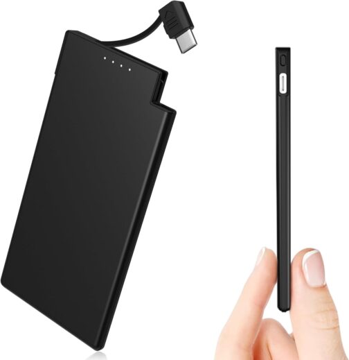 Auskang Powerbank USB C with Cable 0.68 cm Ultra Slim Portable Charger Ultra Thin and Lightweight External Battery Compatible with iPhone 15, Samsuang, Xiaomi etc. Black