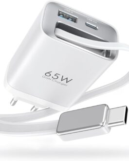 Retractable 65W Wall Charger with Cables, 3-Port USB Charging Block, 65W Quick Charge Charger for iPhone 16/15/14/13/12/11 Series, for iPad, Tablet, Galaxy and More, White
