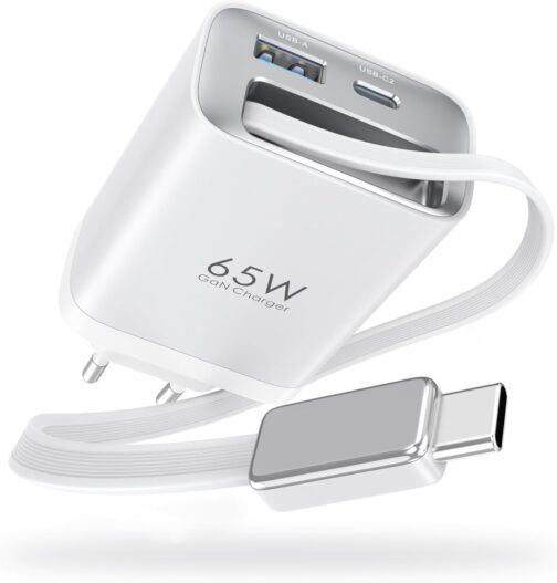 Retractable 65W Wall Charger with Cables, 3-Port USB Charging Block, 65W Quick Charge Charger for iPhone 16/15/14/13/12/11 Series, for iPad, Tablet, Galaxy and More, White