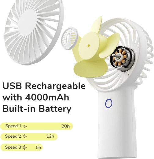 JISULIFE Handheld Fan [20 Hours Long Working Time] 4000 mAh Portable Fan, USB Rechargeable Small Pocket Fan, Battery Operated with 3 Speeds for Travel/Makeup/Eyelashes, White – Bild 3